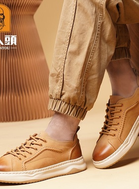 2025新款老人头土黄色休闲皮鞋真皮牛皮男鞋软皮 厚底男士板鞋子