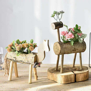 北欧原生态木质个性 饰 创意小鹿房子多肉花盆摆件店面幼儿园橱窗装