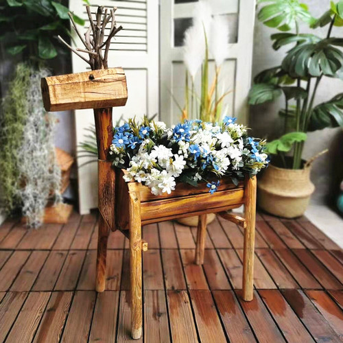 实木小鹿户外花园幼儿园花盆摆件