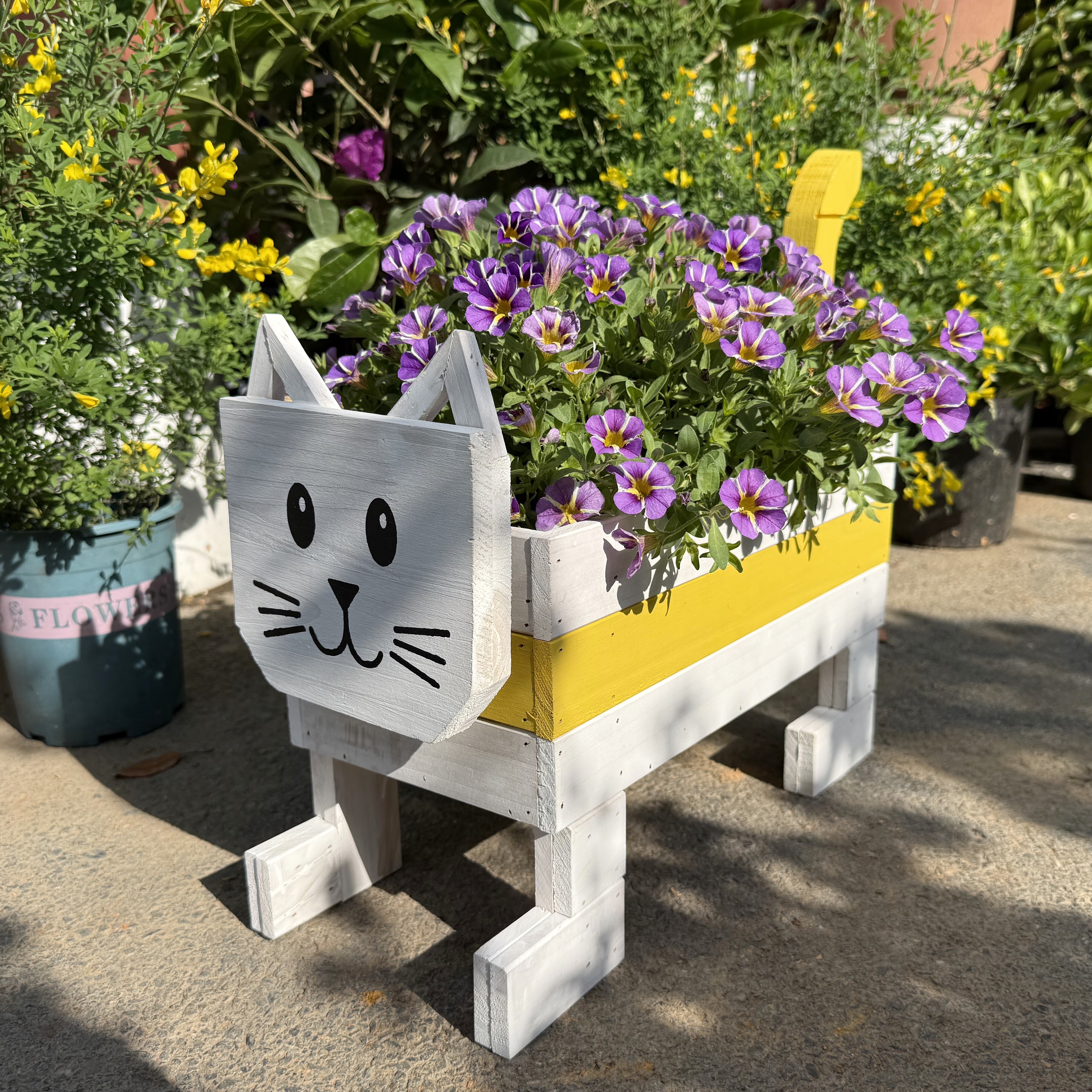 实木卡通创意小猫造型花盆花箱庭院户外花园幼儿园农场装饰摆件