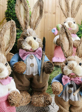 森系幼儿园布置可爱草编兔子摆件