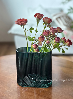 绿韵｜中古风玻璃花瓶 绿色插花客厅装饰摆件