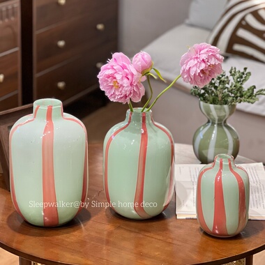 翠竹｜手工玻璃花瓶家居创意摆件俏皮橙色条纹玻璃花瓶