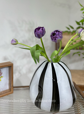 白色 棕色 黑色条纹胖墩小口厚重手工凹凸感玻璃花瓶花器