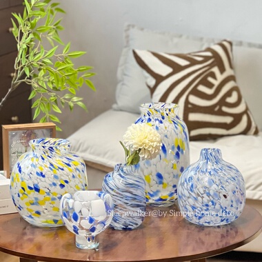 蓝颜知己｜蓝色点点玻璃花瓶 大肚花瓶 客厅插花装饰摆件