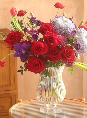 透明珠光条纹玻璃风灯 百合芍药玫瑰雏菊郁金香百搭宽口花瓶花器