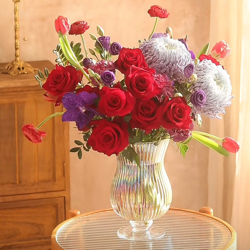 透明珠光条纹玻璃风灯 百合芍药玫瑰雏菊郁金香百搭宽口花瓶花器