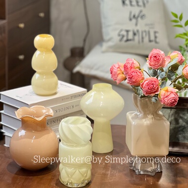 奶油泡芙｜奶油黄玻璃花瓶客厅插花奶茶色花器轻奢小众桌面装饰