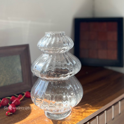 塔璃｜三层叠塔竖纹玻璃花瓶 南瓜肌理花器 客厅桌面插花水培摆件