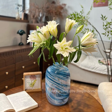 北欧风蓝色大海意境手工玻璃花瓶绣球蝴蝶兰千层金装饰艺术摆件