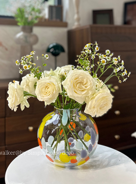 多巴胺彩点圆肚球形玻璃花瓶 郁金香洋牡丹插花摆件