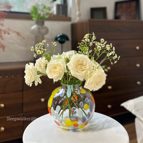 多巴胺彩点圆肚球形玻璃花瓶 郁金香洋牡丹插花摆件