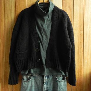 休闲纯棉厚实V领短款宽松毛衣外套粗线开身毛衣 针织开衫女黑毛衣