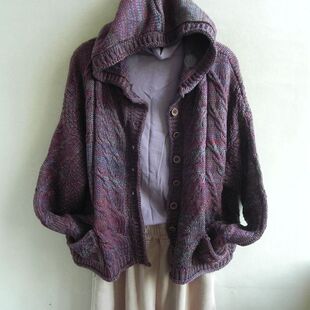 厚实 纯棉花线短款宽松戴帽毛衣外套 有帽 针织开衫 厚毛衣 女