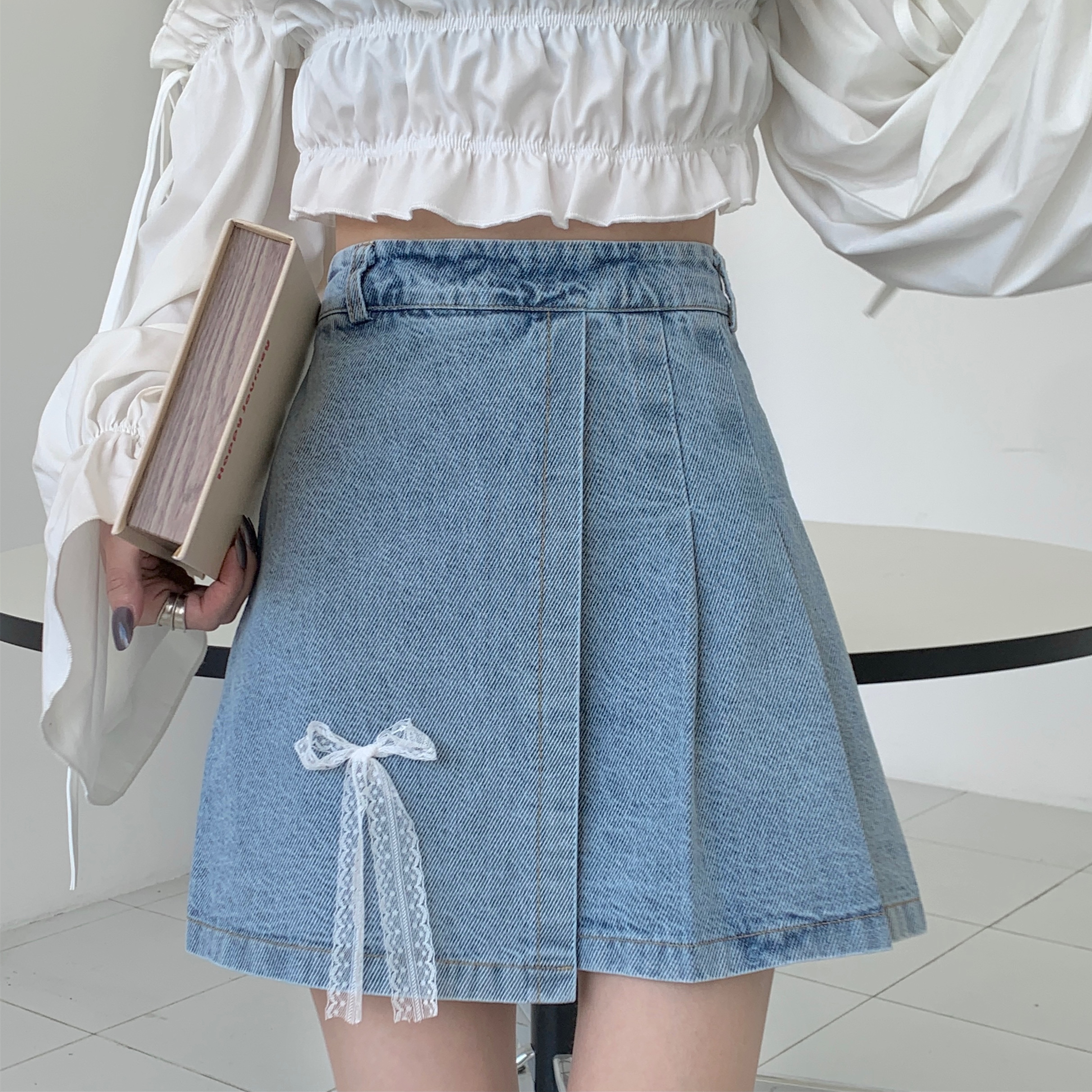 Real price high waist loose and versatile bow pleated denim skirt