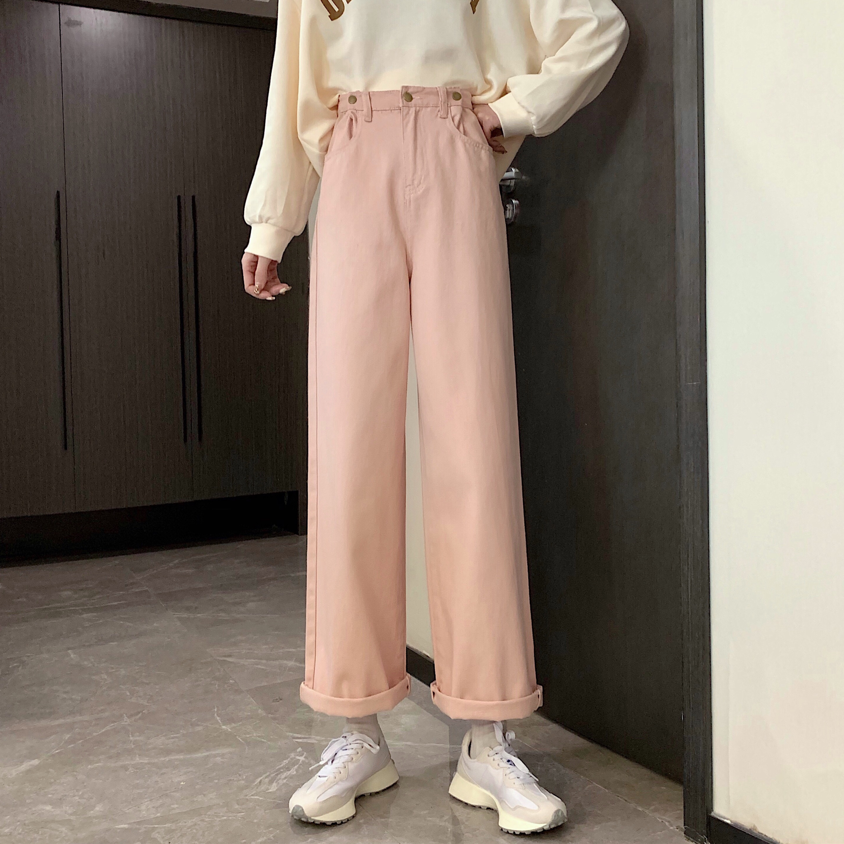 Real price high waist elastic waist adjustable loose wide leg straight tube solid color casual pants