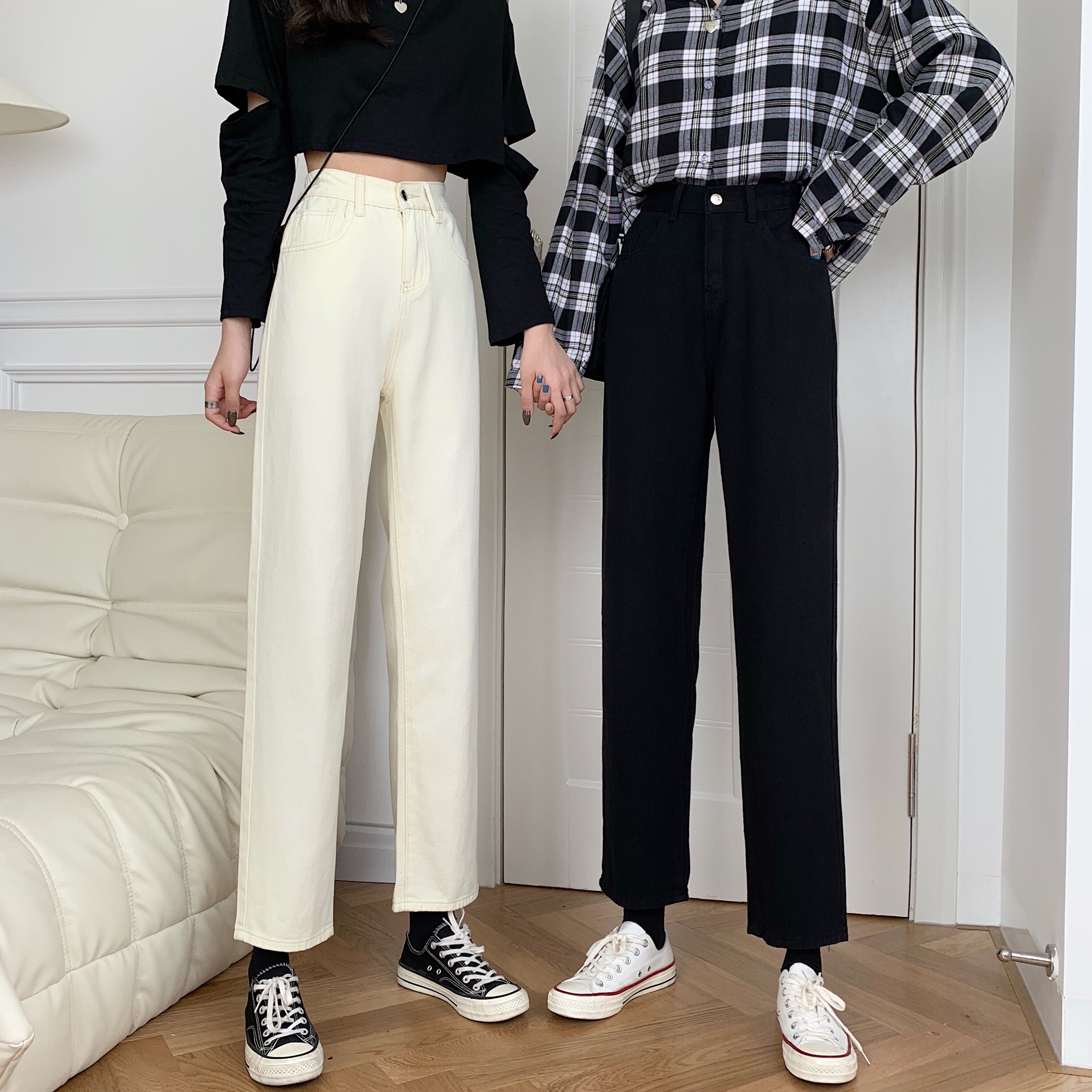 Real price high waist loose straight elastic waist casual jeans