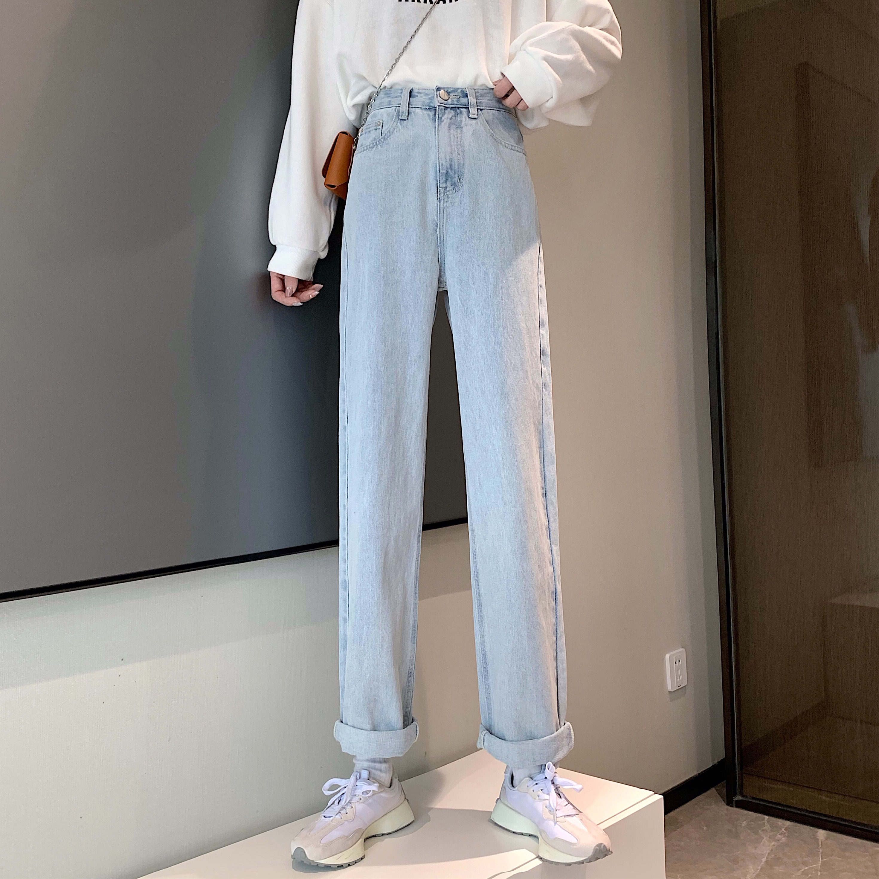 Real price high waist loose straight skinny versatile 4-color jeans