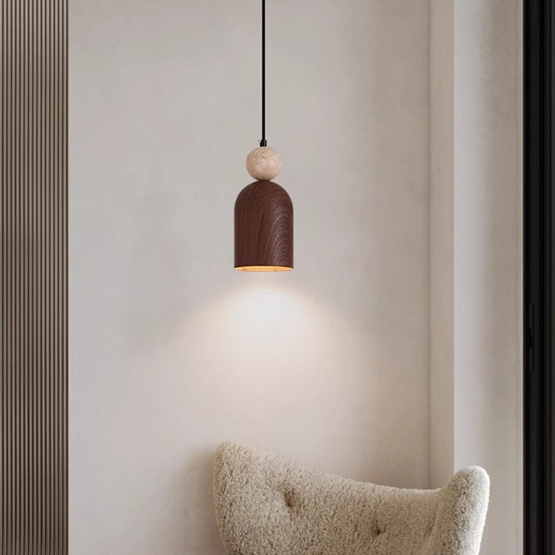 简约卧室床头吊灯中式复古诧寂风黄洞石入户玄关小吊线灯胡桃木色
