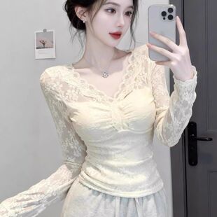春秋2026新款V领薄款蕾丝打底衫女性感加绒修身内搭显瘦长袖上衣