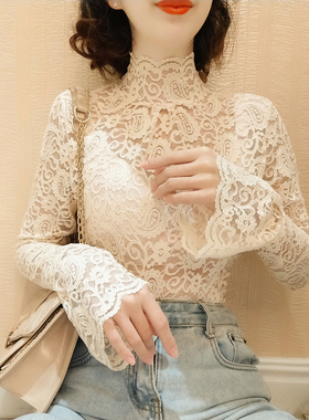 2021年秋冬装新款气质高领紧身镂空蕾丝打底衫女长袖上衣薄款内搭