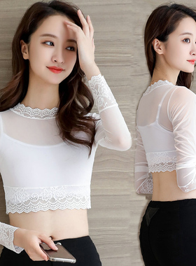 半截网纱打底衫春装黑色性感蕾丝半身罩衫长袖内搭短袖t恤纱衣女