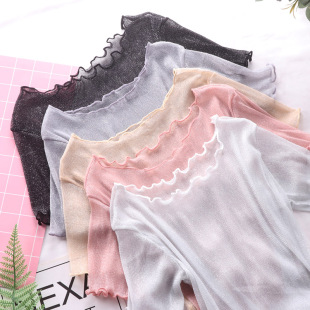 女透明性感紧身内搭露脐短款 网纱半身打底衫 蕾丝纱衣 白色短袖 夏季