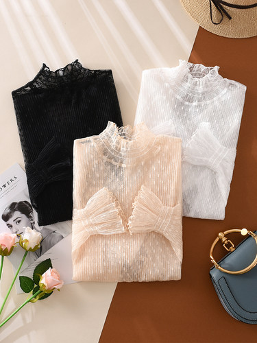 波点网纱内搭长袖镂空蕾丝上衣