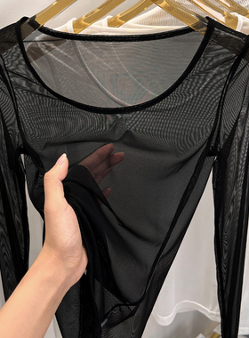 超薄大领口冰丝网纱打底衫女透明薄纱t恤纱衣内搭低领防晒上衣夏