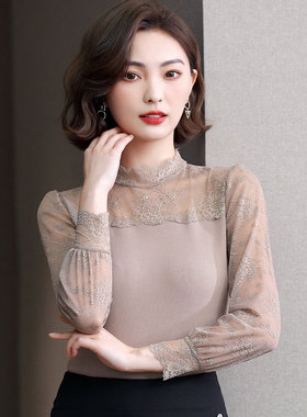 蕾丝打底衫女2022春秋性感修身半高领内搭长袖百搭网纱拼接上衣女