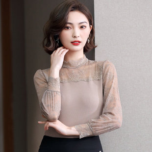 百搭网纱拼接上衣女 半高领内搭长袖 蕾丝打底衫 女2022春秋性感修身