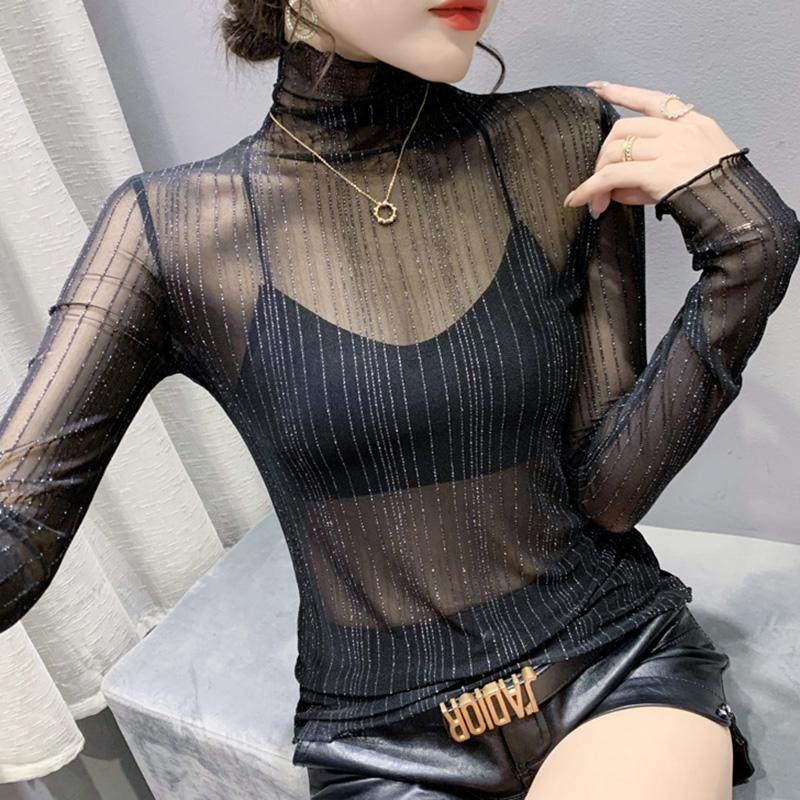 2025早秋新款时尚亮丝网纱T恤性感透视上衣紧身内搭打底衫女长袖