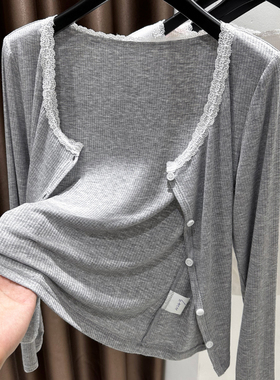 灰色防晒开衫薄款女夏季配吊带裙外搭披肩蕾丝圆领花边短款短外套