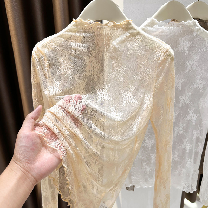 透视白色半高领蕾丝内搭小衫女春季2025新款木耳边网纱打底衫薄款