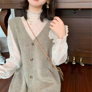 长袖 上衣女蕾丝衫 网纱内搭 女高领超仙气质仙洋气喇叭袖 蕾丝打底衫