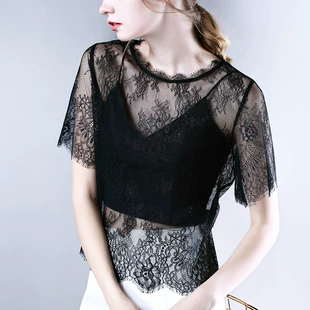 女夏季 网纱上衣 镂空内搭短袖 透明黑色蕾丝衫 薄款 透视性感打底罩衫