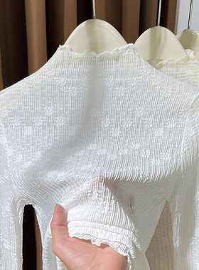 半高领长袖T恤女春秋2025新款蕾丝洋气内搭打底衫木耳边薄纱上衣