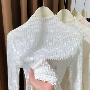 木耳边薄纱上衣 蕾丝洋气内搭打底衫 半高领长袖 T恤女春秋2025新款