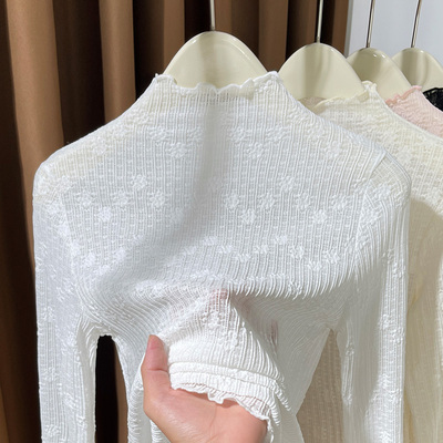 半高领长袖T恤蕾丝打底衫上衣女