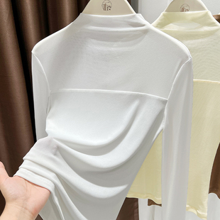 女春秋新款 薄纱衣长袖 网纱长袖 大码 t恤蕾丝内搭修身 半高领打底衫
