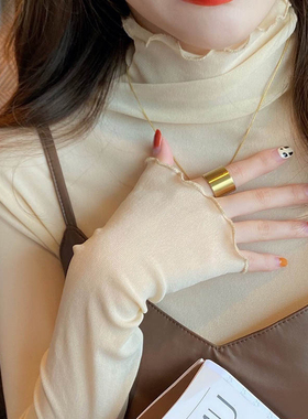 网纱打底衫女春秋内搭薄款2023新款蕾丝堆堆领黑色木耳边高领上衣