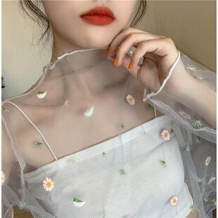 很仙的小雏菊防晒衫韩版上衣设计感小众网纱打底衫潮女夏2021新款