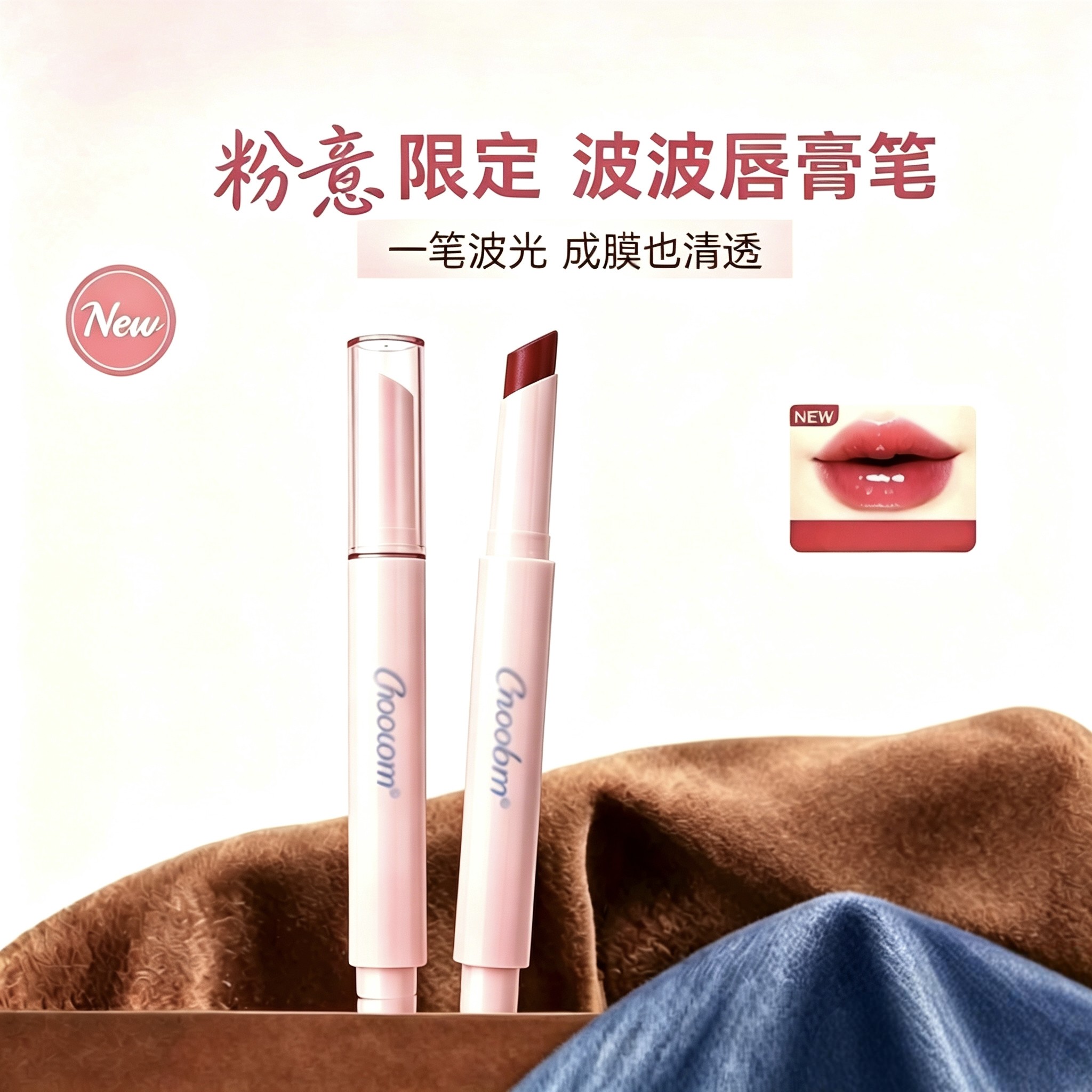 秋日显白】波波唇膏笔拍2滋润镜面水光裸色嘟嘟唇芭乐色固体唇蜜