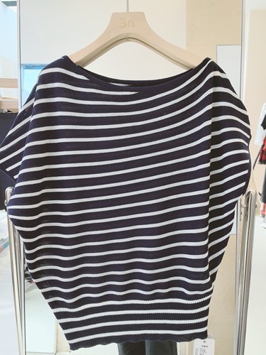 3NUX2026夏新款韩版简约显瘦高品质休闲条纹短袖针织衫斜肩毛衣