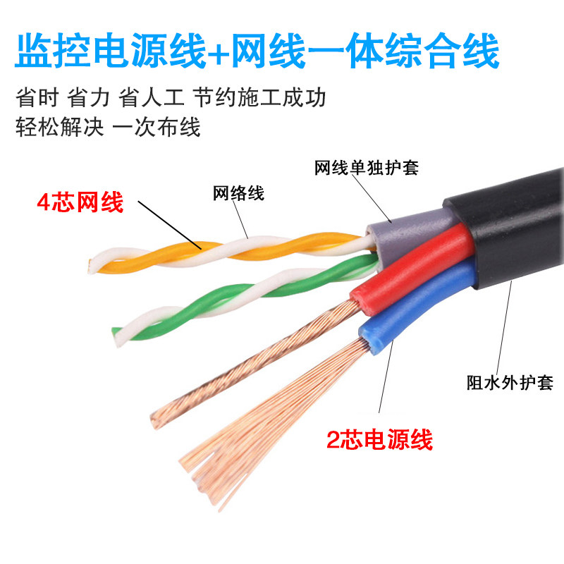 监控专用4芯网线带电源一体线纯铜室外网络综合线监控双绞线