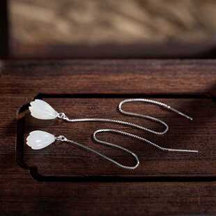 过初相见。玉兰花耳环耳线和田白玉925纯银防过敏气质雕刻花朵