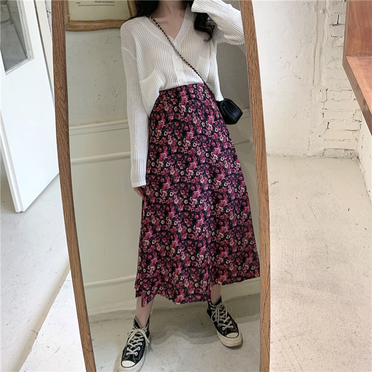 Real photo of retro Mori Rose Red Floral Chiffon Skirt women's loose high waist medium length skirt cardigan