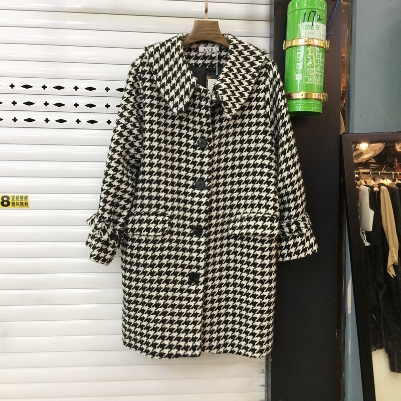 千鳥格羊絨大衣女裝2019秋冬新款韓版中長款寬松時尚毛呢外套潮在類目 女裝/女士精品, 毛呢外套中 - 來自Buy2taobao.com提供專業的淘寶代購服務