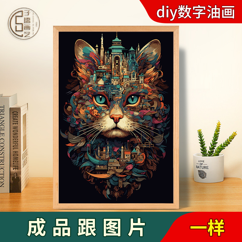 数字油画猫咪头像diy填充填色简约治愈简单减压肌理油彩画装饰画图片