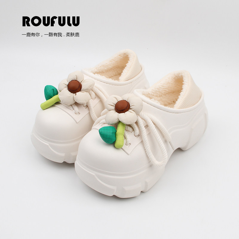 可爱花朵棉拖鞋冬季2024新款外穿厚底增高时尚保暖加绒包头毛毛鞋
